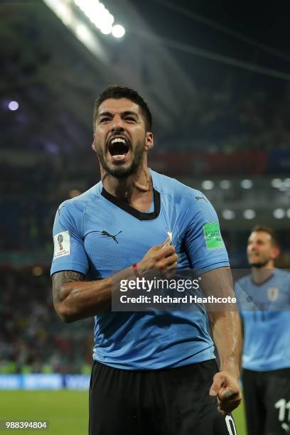 Luis Suarez of Uruguay celebrates victory at the final whistle during the 2018 FIFA World Cup Russia Round of 16 match between Uruguay and Portugal...