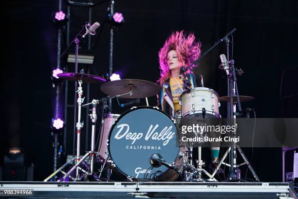 Julie Edwards of Deap Vally performs at the Queens of the Stone Age and Friends show at Finsbury Park on June 30, 2018 in London, England.