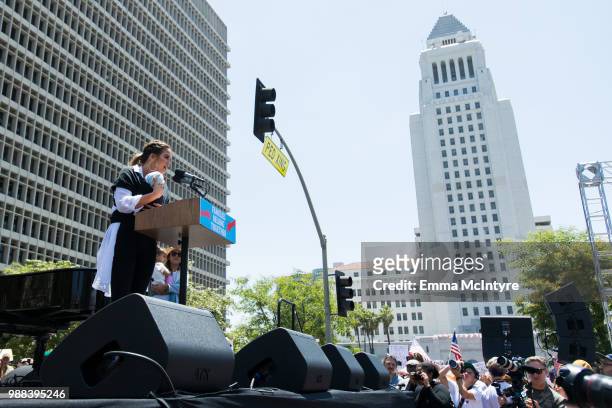 Chrissy Teigen speaks onstage at 'Families Belong Together - Freedom for Immigrants March Los Angeles' at Los Angeles City Hall on June 30, 2018 in...