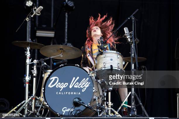 Julie Edwards of Deap Vally performs at the Queens of the Stone Age and Friends show at Finsbury Park on June 30, 2018 in London, England.