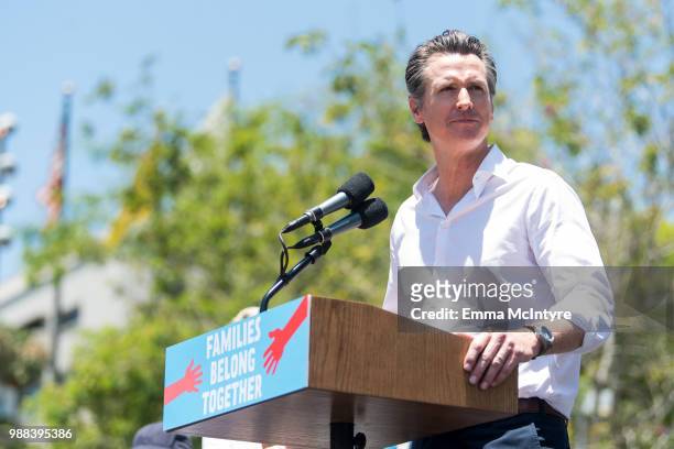 Gavin Newsom attends 'Families Belong Together - Freedom for Immigrants March Los Angeles' at Los Angeles City Hall on June 30, 2018 in Los Angeles,...