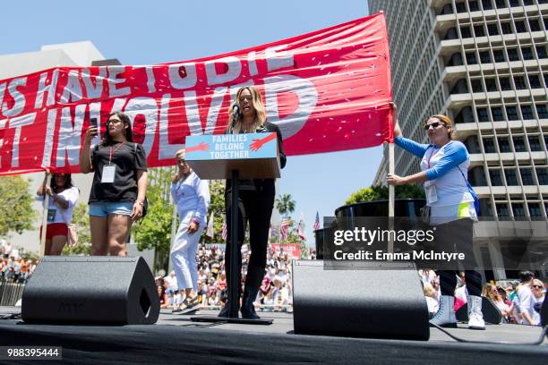 Laverne Cox attends 'Families Belong Together - Freedom for Immigrants March Los Angeles' at Los Angeles City Hall on June 30, 2018 in Los Angeles,...