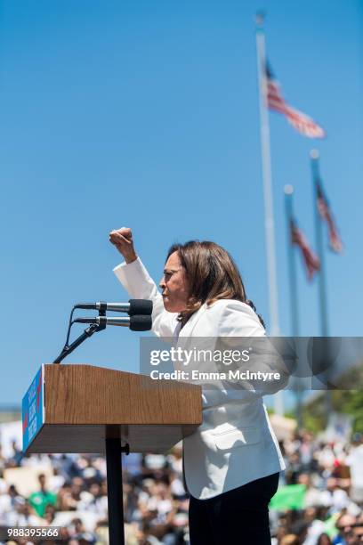 Senator Kamala Harris speaks onstage at 'Families Belong Together - Freedom for Immigrants March Los Angeles' at Los Angeles City Hall on June 30,...