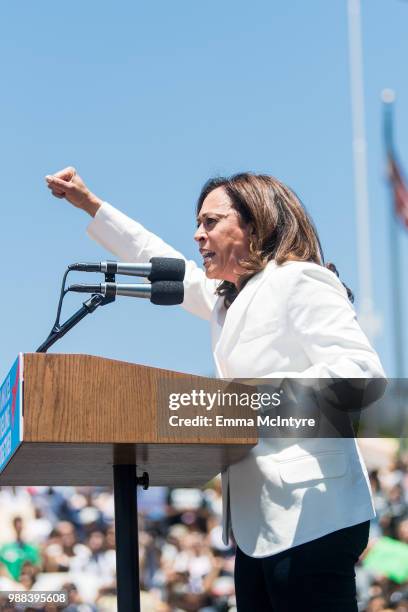 Senator Kamala Harris speaks onstage at 'Families Belong Together - Freedom for Immigrants March Los Angeles' at Los Angeles City Hall on June 30,...