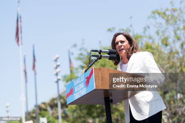 Senator Kamala Harris speaks onstage at 'Families Belong Together - Freedom for Immigrants March Los Angeles' at Los Angeles City Hall on June 30,...