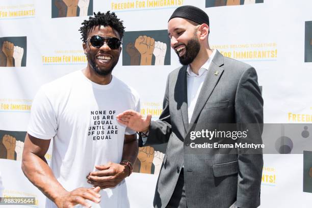 Actor Chadwick Boseman attends 'Families Belong Together - Freedom for Immigrants March Los Angeles' at Los Angeles City Hall on June 30, 2018 in Los...