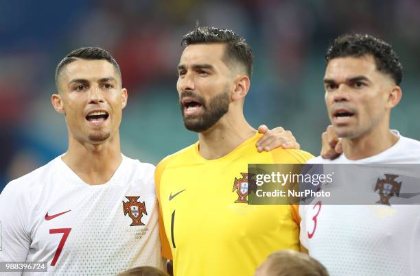 Cristiano Ronaldo, goalkeeper Rui PATRICIO and Pepe during the presentation line-up before the 2018 FIFA World Cup Russia Round of 16 match between...