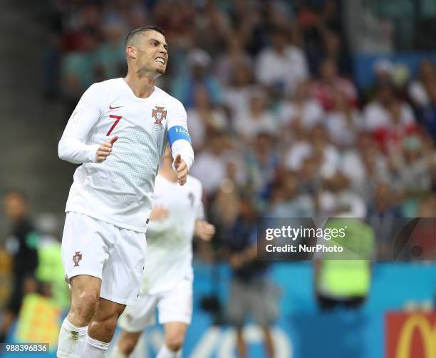 Cristiano Ronaldo of Portugal reacts during the 2018 FIFA World Cup Russia Round of 16 match between Uruguay and Portugal at Fisht Stadium on June...