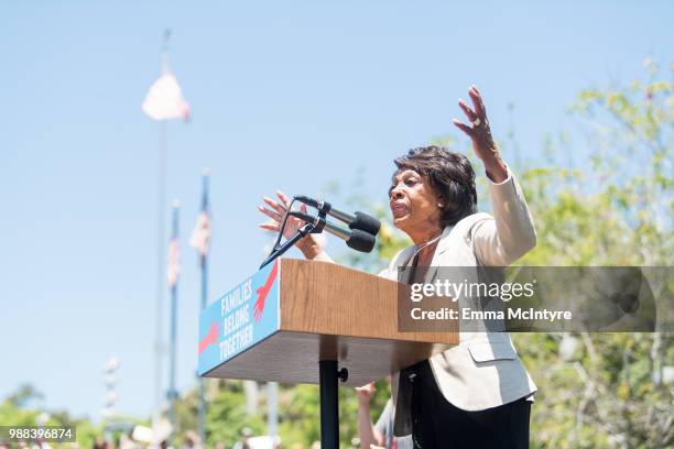 Maxine Waters speaks onstage at 'Families Belong Together - Freedom for Immigrants March Los Angeles' at Los Angeles City Hall on June 30, 2018 in...