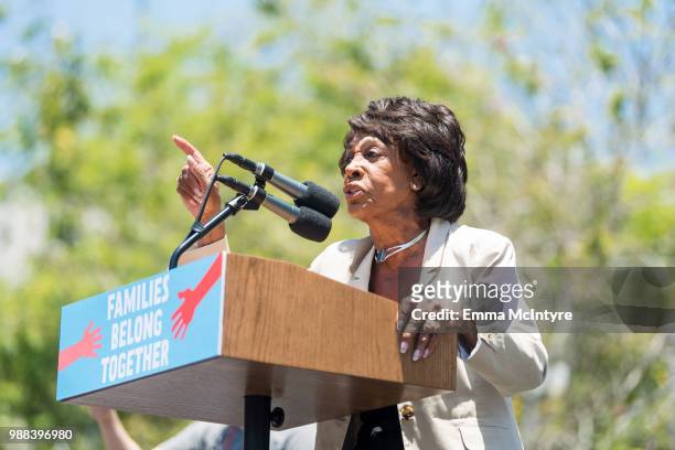 Maxine Waters speaks onstage at 'Families Belong Together - Freedom for Immigrants March Los Angeles' at Los Angeles City Hall on June 30, 2018 in...