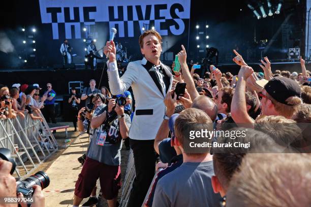 Per Amlqvist of The Hives perform at the Queens of the Stone Age and Friends show at Finsbury Park on June 30, 2018 in London, England.