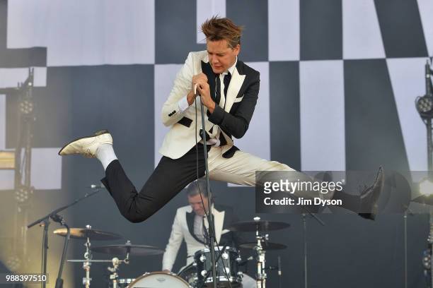 Pelle Almqvist of The Hives performs live on stage at Finsbury Park on June 30, 2018 in London, England.