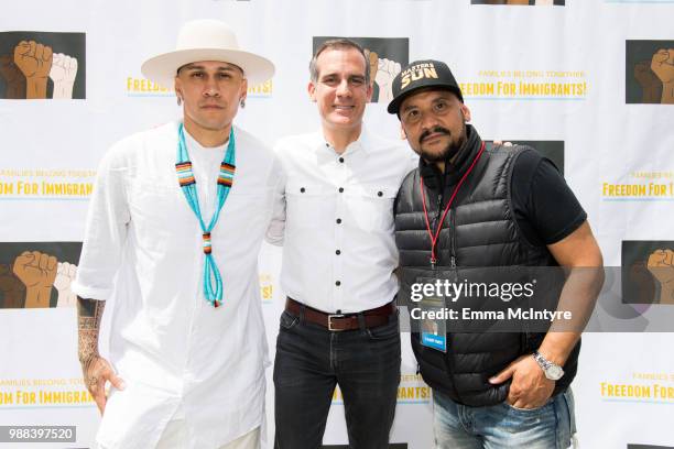 Musician Jaime Luis Gmez aka 'Taboo' and Mayor Eric Garcetti attend 'Families Belong Together - Freedom for Immigrants March Los Angeles' at Los...