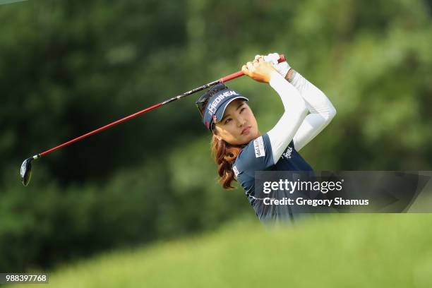 So Yeon Ryu of Korea watches second shot on the 15th hole during the final round of the 2018 KPMG PGA Championship at Kemper Lakes Golf Club on June...