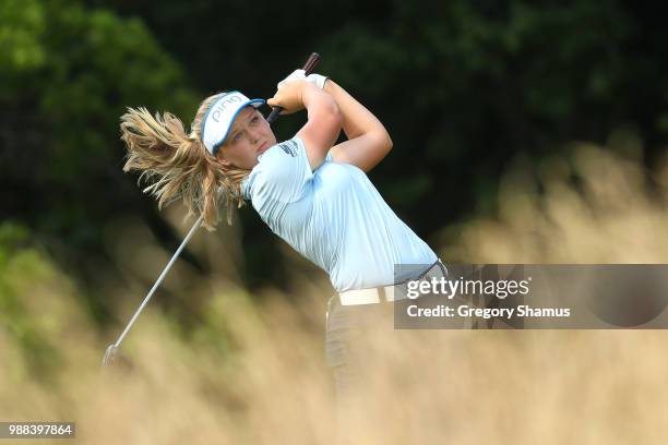 Brooke Henderson watches her drive on the 15th hole during the final round of the 2018 KPMG PGA Championship at Kemper Lakes Golf Club on June 30,...