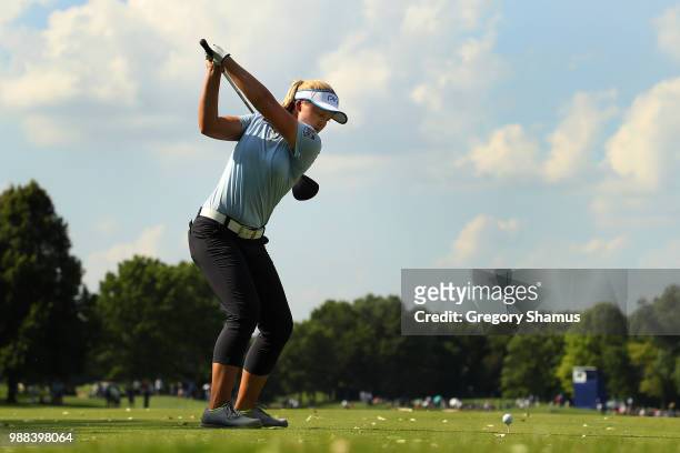 Brooke Henderson hits her tee shot on the 16th hole during the final round of the 2018 KPMG PGA Championship at Kemper Lakes Golf Club on June 30,...