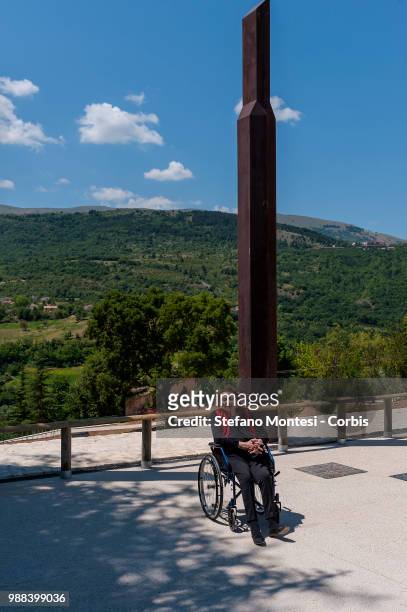 American sculptress Beverly Pepper poses next to a sculpture that is part of land art projects never realized by the American artist in Italy:...