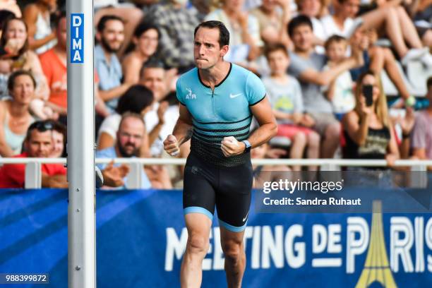 Renaud Lavillenie of France celebrates during the Pole Vault of the Meeting of Paris on June 30, 2018 in Paris, France.