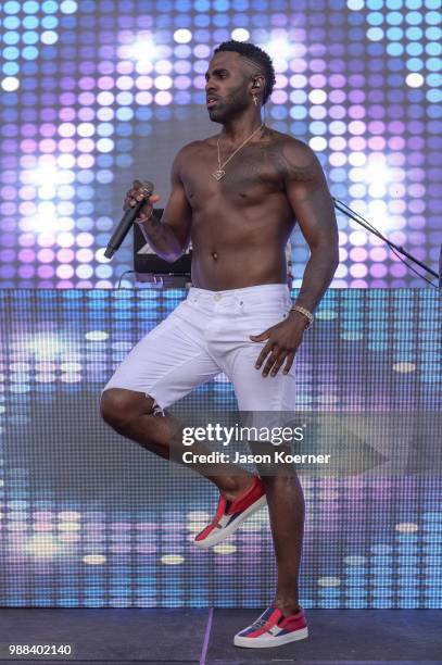 Jason Derulo performs on stage at the Sprint IWXIV BBQ Beach Bash & Concert presented by Samsung during Irie Weekend 2018 at the Fontainebleau Miami...