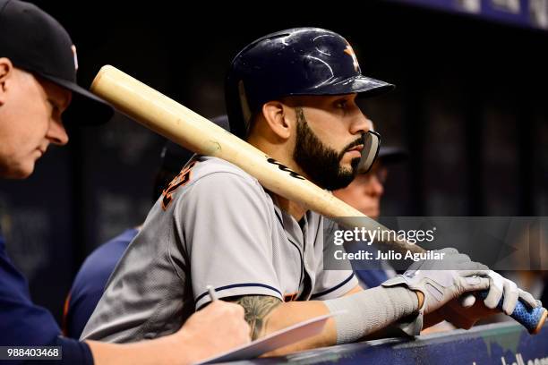 Marwin Gonzalez of the Houston Astros looks on during the sixth inning against the Tampa Bay Rays on June 30, 2018 at Tropicana Field in St...