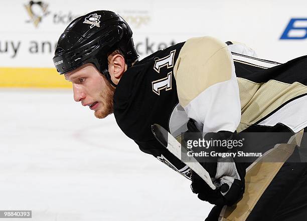 Jordan Staal of the Pittsburgh Penguins skates against the Montreal Canadiens in Game One of the Eastern Conference Semifinals during the 2010 NHL...