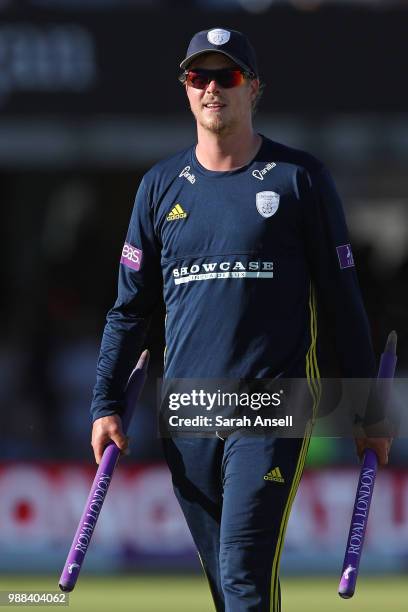 Sam Northeast of the victorious Hampshire team with two stump momentoes at the end of the Royal London One-Day Cup Final match between Kent and...