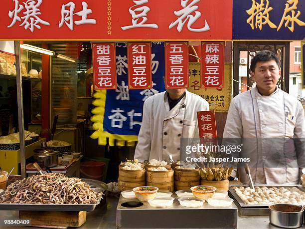 street food at wangfujing food street,beijing - wangfujing stock pictures, royalty-free photos & images