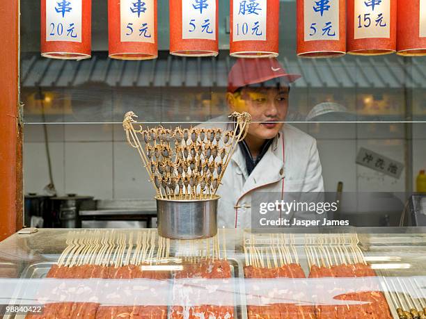 food vendor with scorpions at wangfujing food stre - wangfujing stock pictures, royalty-free photos & images