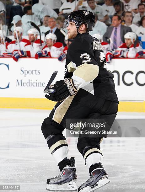 Alex Goligoski of the Pittsburgh Penguins skates against the Montreal Canadiens in Game One of the Eastern Conference Semifinals during the 2010 NHL...