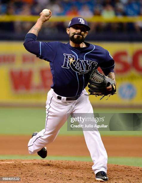 Sergio Romo of the Tampa Bay Rays throws a pitch in the ninth inning against the Houston Astros on June 30, 2018 at Tropicana Field in St Petersburg,...