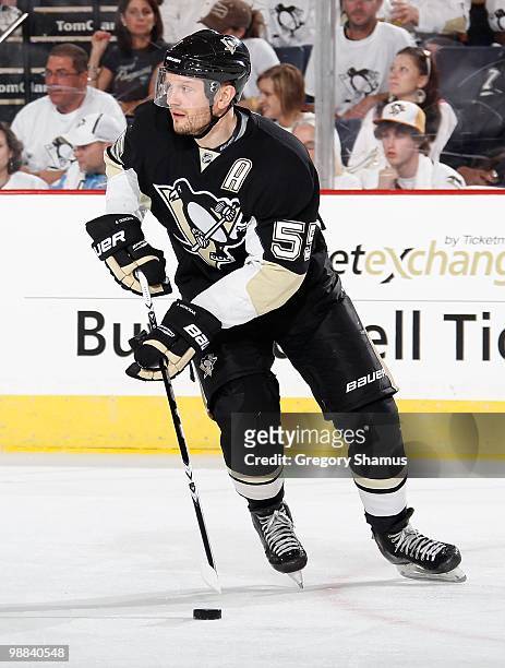 Sergei Gonchar of the Pittsburgh Penguins looks to pass against the Montreal Canadiens in Game One of the Eastern Conference Semifinals during the...