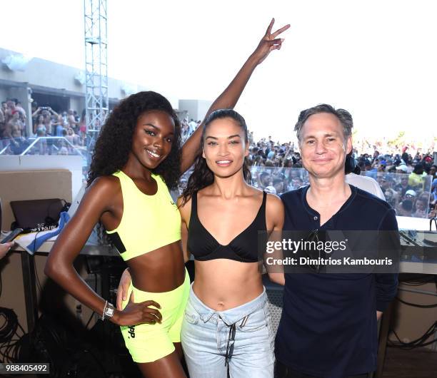 Models Leomie Anderson and Shanina Shaik and Niche Media and DuJour Media Jason Binn attend HQ2 Beachclub Opening at Ocean Resort Casino on June 30,...