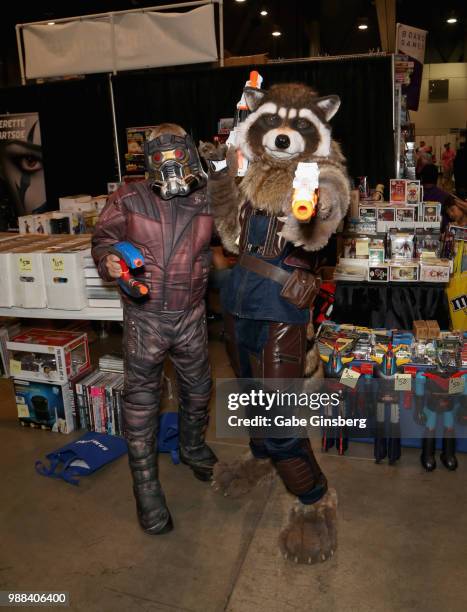 Brett Mortensen of Utah, dressed as the character Star-Lord, and Josh Morrison of Nevada, dressed as the character Rocket Raccoon from the "Guardians...