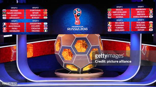 The display boards show the drawn groups from A to H during the FIFA 2018 World Cup draw, at the State Kremlin Palace in Moscow, Russia, 01 December...