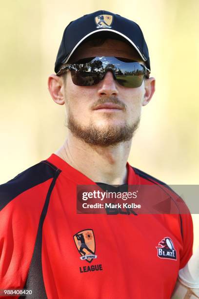 Cameron Bancroft of the Desert Blaze looks on as he prepares for the Strike League match between the Desert Blaze and the Southern Storm at Marrara...