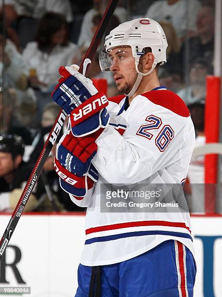 Josh Gorges of the Montreal Canadiens looks on against the Pittsburgh Penguins in Game One of the Eastern Conference Semifinals during the 2010 NHL...