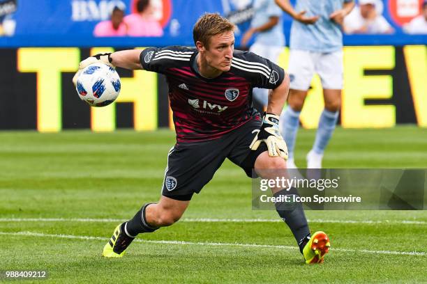 Sporting Kansas City goalkeeper Tim Melia throws the ball back into play during the Sporting Kansas City versus the Montreal Impact game on June 30...