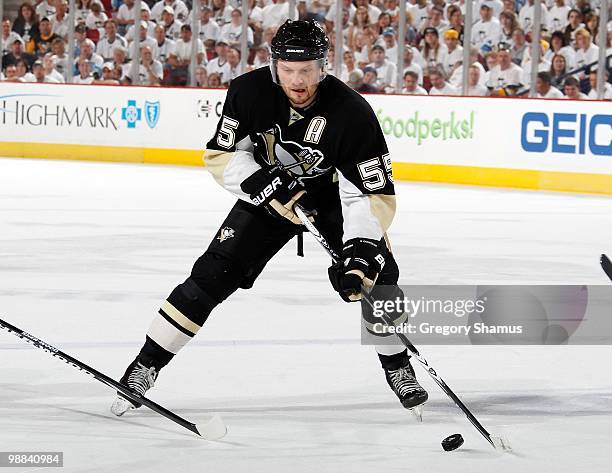 Sergei Gonchar of the Pittsburgh Penguins moves the puck against the Montreal Canadiens in Game One of the Eastern Conference Semifinals during the...