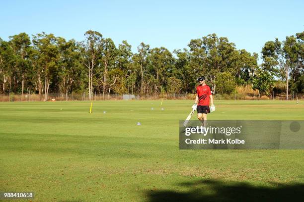 Cameron Bancroft of the Desert Blaze walks back from the centre wicket as he prepares for the Strike League match between the Desert Blaze and the...