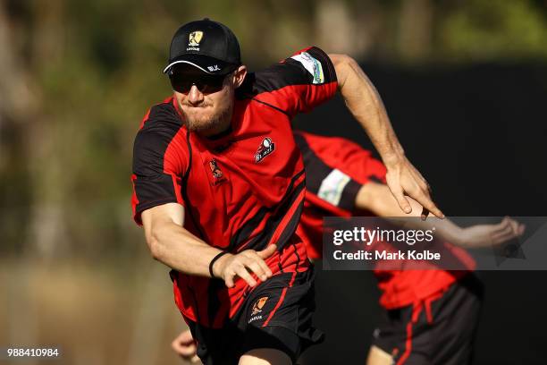 Cameron Bancroft of the Desert Blaze warms up as he prepares for the Strike League match between the Desert Blaze and the Southern Storm at Marrara...