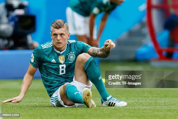 Toni Kroos of Germany on the ground during the 2018 FIFA World Cup Russia group F match between Korea Republic and Germany at Kazan Arena on June 27,...