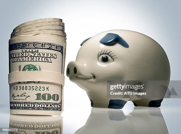 money roll piggy bank - money roll foto e immagini stock