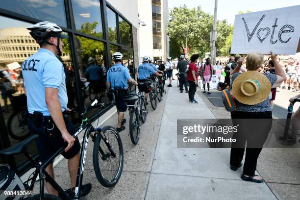 Group of protestors rallies at a local Dept of Homeland Security Immigration Field Office, in Philadelphia, PA, on June 30, 2018. Thousands...