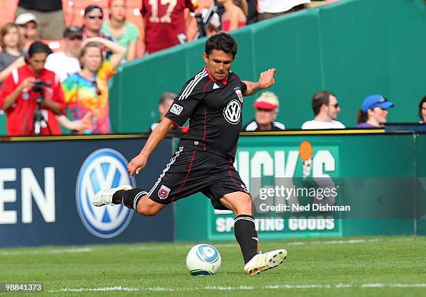 Jamie Moreno of D.C. United passes the ball against the New York Red Bulls at RFK Stadium on May 1, 2010 in Washington, DC. The Red Bulls won 2-0.