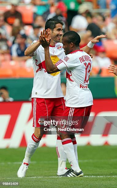Juan Pablo Angel of New York Red Bulls celebrates with Dane Richards after scoring the second goal against D.C. United at RFK Stadium on May 1, 2010...