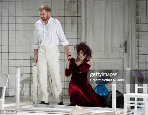 The opera singers Sebastian Kohlhepp and Cornelia Ptassek rehearse the opera Medea in the Opera House in Stuttgart, Germany, 28 November 2017. The...
