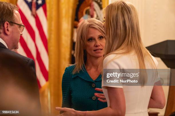 Counselor to the President Kellyanne Conway , and Ivanka Trump , daughter and assistant to President Trump, attend President Trump's event...