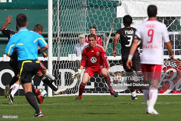 Troy Perkins of D.C. United prepares to make a save against the New York Red Bulls at RFK Stadium on May 1, 2010 in Washington, DC. The Red Bulls won...