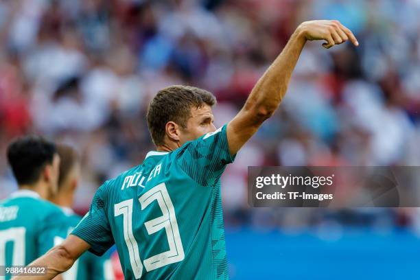 Thomas Mueller of Germany gestures during the 2018 FIFA World Cup Russia group F match between Korea Republic and Germany at Kazan Arena on June 27,...