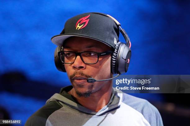 Coach Derric Franklin/FamousEnough of Heat Check Gaming looks on during the match against Cavs Legion Gaming on June 23, 2018 at the NBA 2K League...